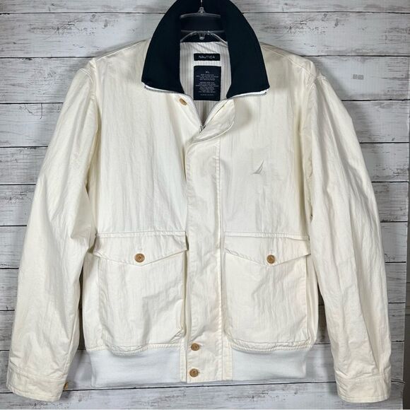 Nautica Rainbreaker Utility Bomber Ivory Men’s Cotton/ Nylon Lined Jacket XL - Picture 1 of 10